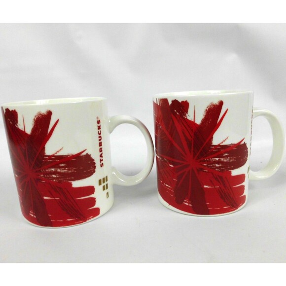 Starbucks Christmas Coffee Mug 2014 Red Poinsettia Starburst Holiday Set of 2 - Picture 2 of 4